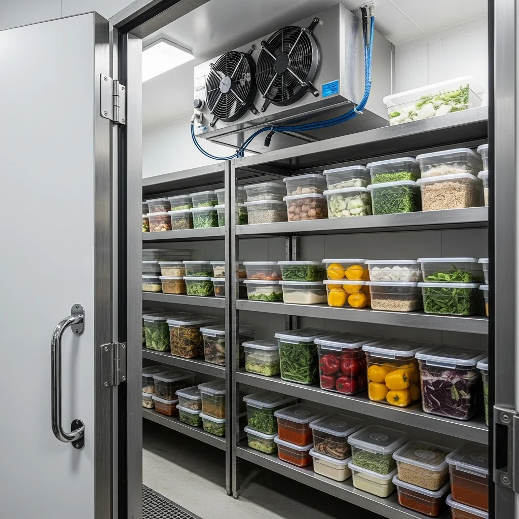 Commercial walk-in cooler and refrigeration equipment in a Kansas City restaurant kitchen